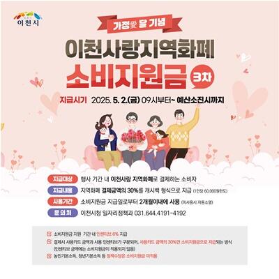 이천시, 경기이천사랑 지역화폐 ‘가정애(愛)달 기념’ 소비지원금 지급